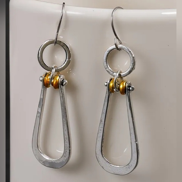 Elegant Riveted Silver Drop Earrings with Gold Accent #411 - Picture 3 of 4